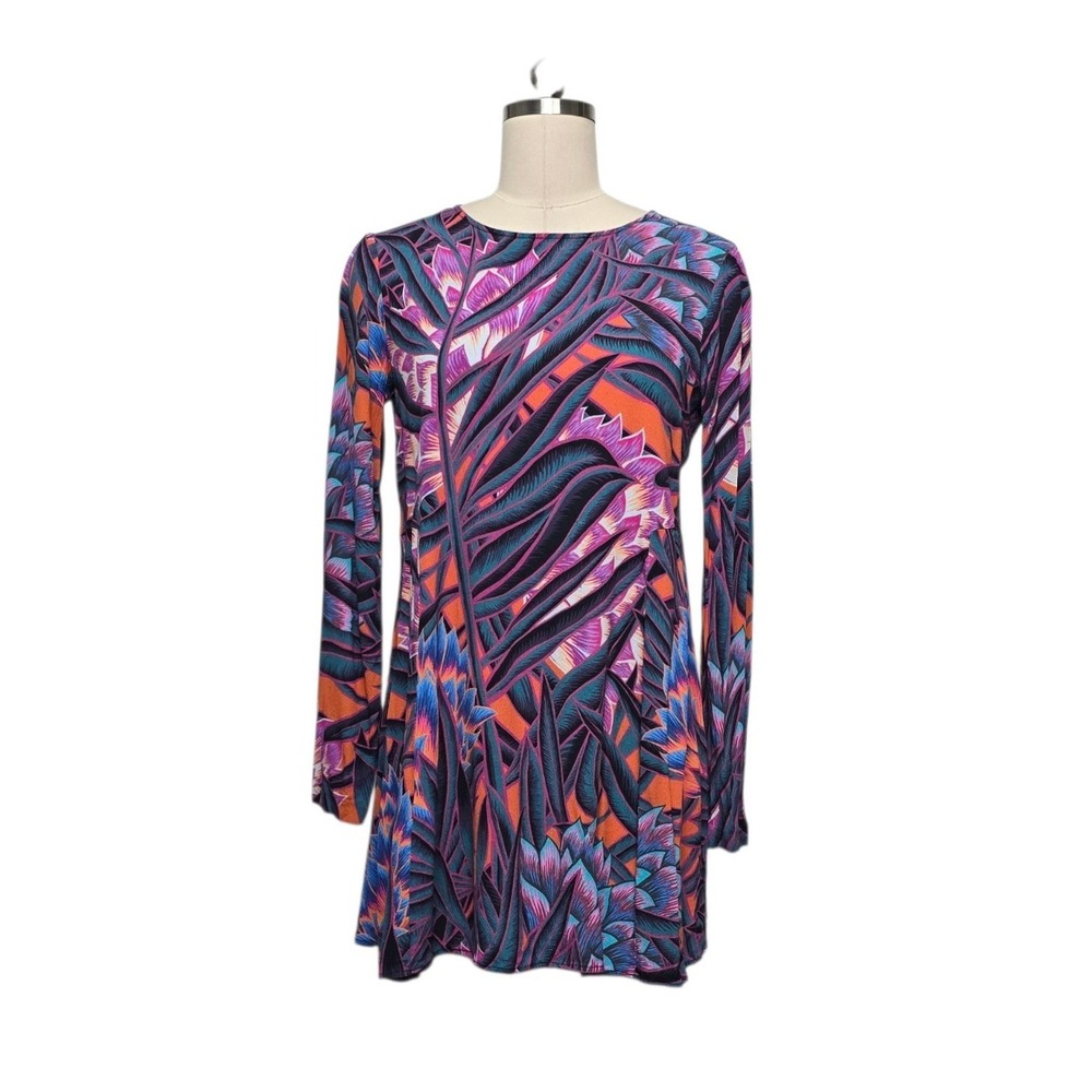 Mara Hoffman Tropical Leaf Print Long Sleeve Keyhole Back Mini Dress Size Small